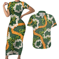 Aloha Festive Hawaii Couples Matching Short Sleeve Bodycon Dress and Hawaiian Shirt Mokihana - Maile and Ilima on Forest Green - Polynesian Pride
