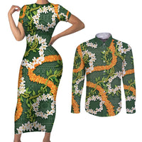 Aloha Festive Hawaii Couples Matching Short Sleeve Bodycon Dress and Long Sleeve Button Shirt Mokihana - Maile and Ilima on Forest Green - Polynesian Pride
