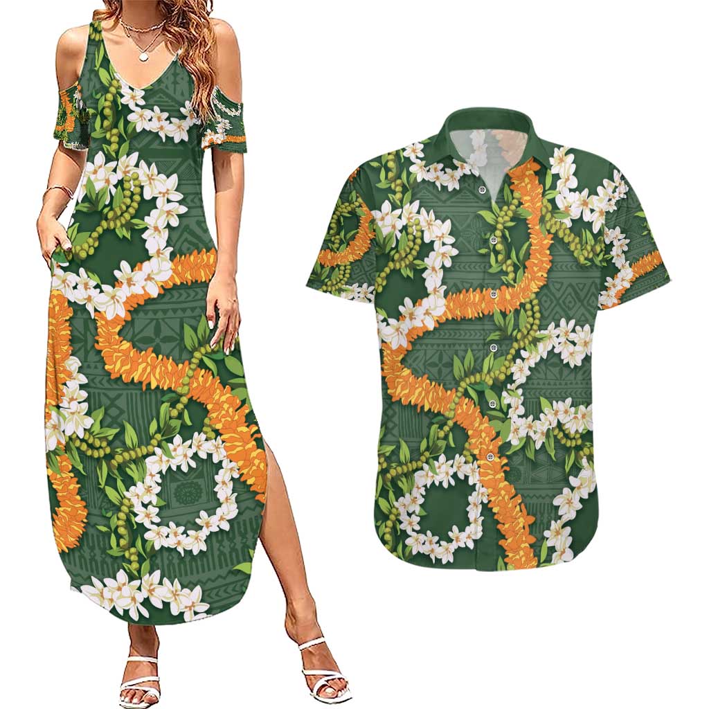 Aloha Festive Hawaii Couples Matching Summer Maxi Dress and Hawaiian Shirt Mokihana - Maile and Ilima on Forest Green - Polynesian Pride