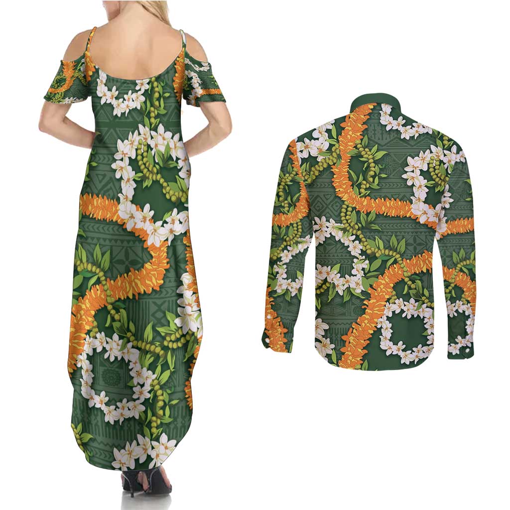 Aloha Festive Hawaii Couples Matching Summer Maxi Dress and Long Sleeve Button Shirt Mokihana - Maile and Ilima on Forest Green - Polynesian Pride