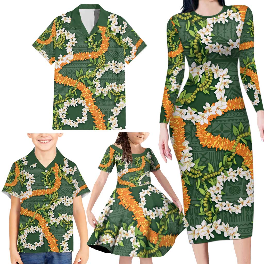 Aloha Festive Hawaii Family Matching Long Sleeve Bodycon Dress and Hawaiian Shirt Mokihana - Maile and Ilima on Forest Green - Polynesian Pride