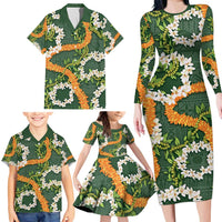 Aloha Festive Hawaii Family Matching Long Sleeve Bodycon Dress and Hawaiian Shirt Mokihana - Maile and Ilima on Forest Green - Polynesian Pride