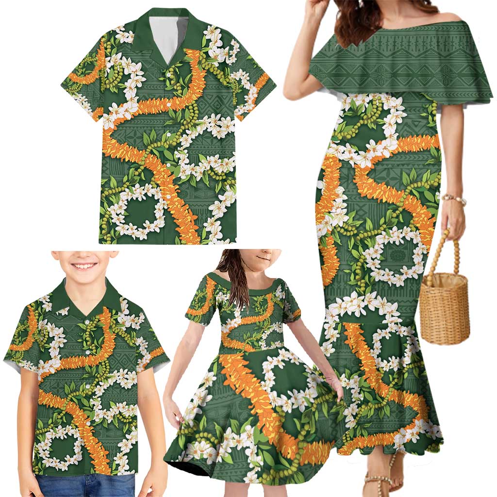 Aloha Festive Hawaii Family Matching Mermaid Dress and Hawaiian Shirt Mokihana - Maile and Ilima on Forest Green - Polynesian Pride
