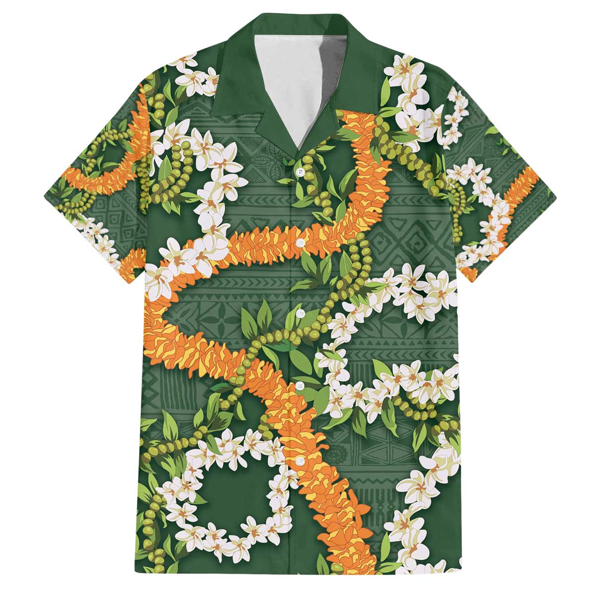 Aloha Festive Hawaii Family Matching Off The Shoulder Long Sleeve Dress and Hawaiian Shirt Mokihana - Maile and Ilima on Forest Green - Polynesian Pride