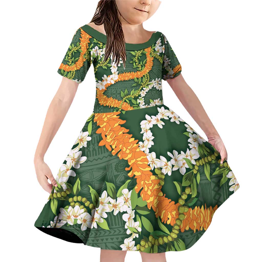 Aloha Festive Hawaii Family Matching Off Shoulder Short Dress and Hawaiian Shirt Mokihana - Maile and Ilima on Forest Green - Polynesian Pride