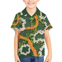 Aloha Festive Hawaii Family Matching Off Shoulder Short Dress and Hawaiian Shirt Mokihana - Maile and Ilima on Forest Green - Polynesian Pride