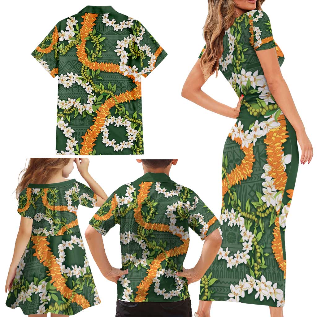 Aloha Festive Hawaii Family Matching Short Sleeve Bodycon Dress and Hawaiian Shirt Mokihana - Maile and Ilima on Forest Green - Polynesian Pride