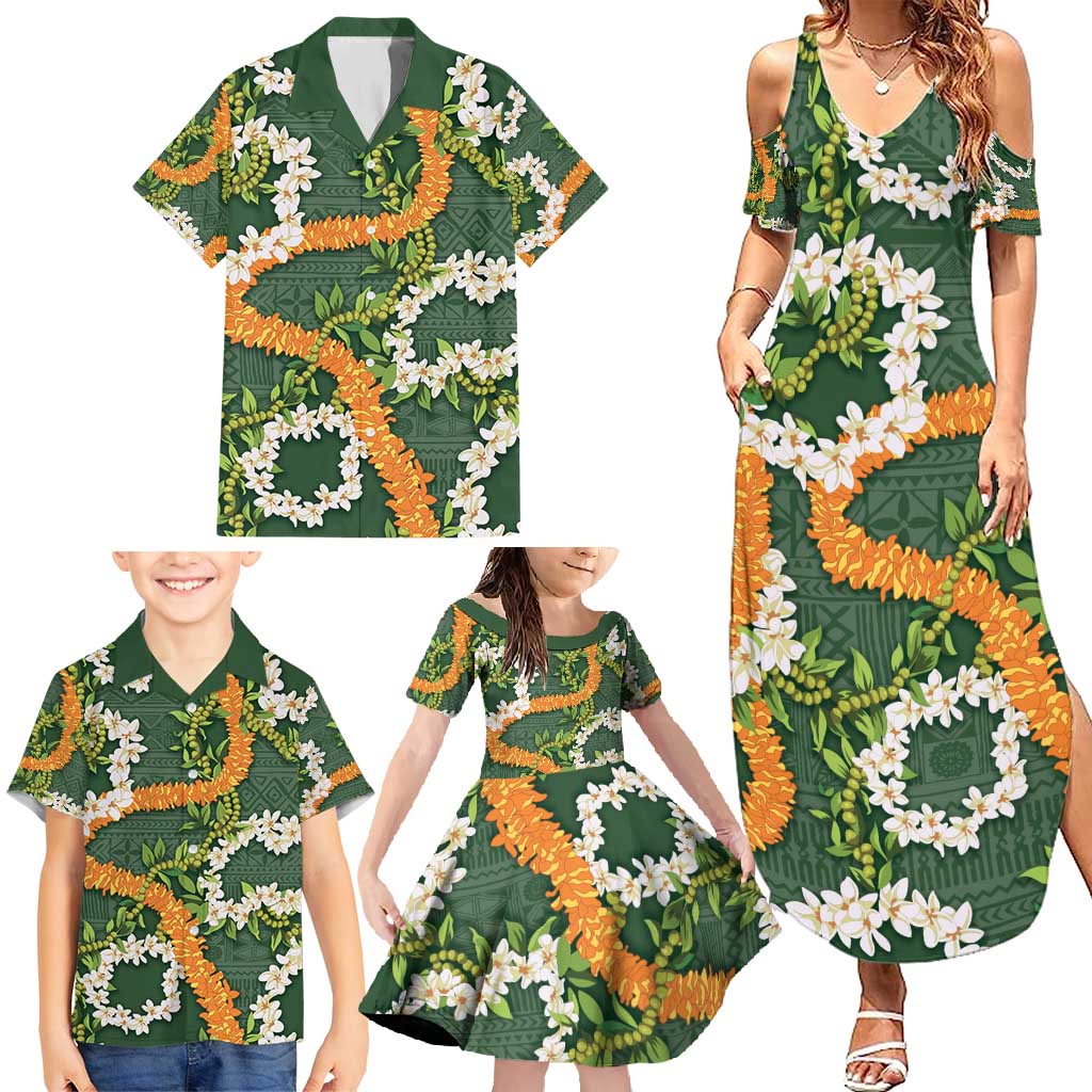 Aloha Festive Hawaii Family Matching Summer Maxi Dress and Hawaiian Shirt Mokihana - Maile and Ilima on Forest Green - Polynesian Pride