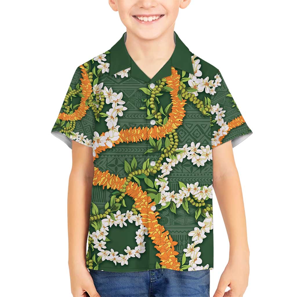 Aloha Festive Hawaii Family Matching Summer Maxi Dress and Hawaiian Shirt Mokihana - Maile and Ilima on Forest Green - Polynesian Pride