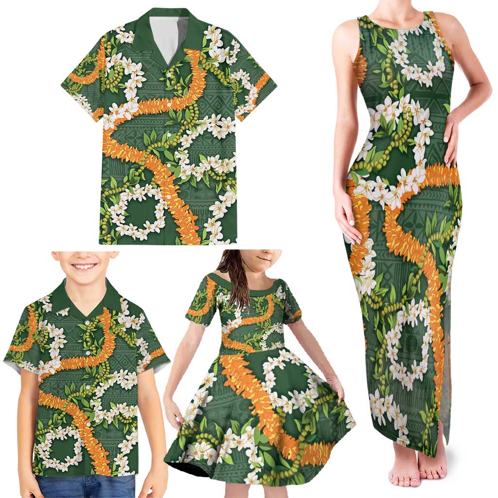 Aloha Festive Hawaii Family Matching Tank Maxi Dress and Hawaiian Shirt Mokihana - Maile and Ilima on Forest Green - Polynesian Pride