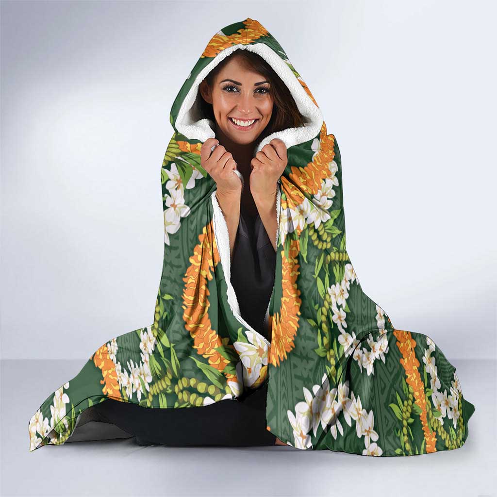 Aloha Festive Hawaii Hooded Blanket Mokihana - Maile and Ilima on Forest Green - Polynesian Pride