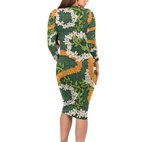 Aloha Festive Hawaii Long Sleeve Bodycon Dress Mokihana - Maile and Ilima on Forest Green - Polynesian Pride