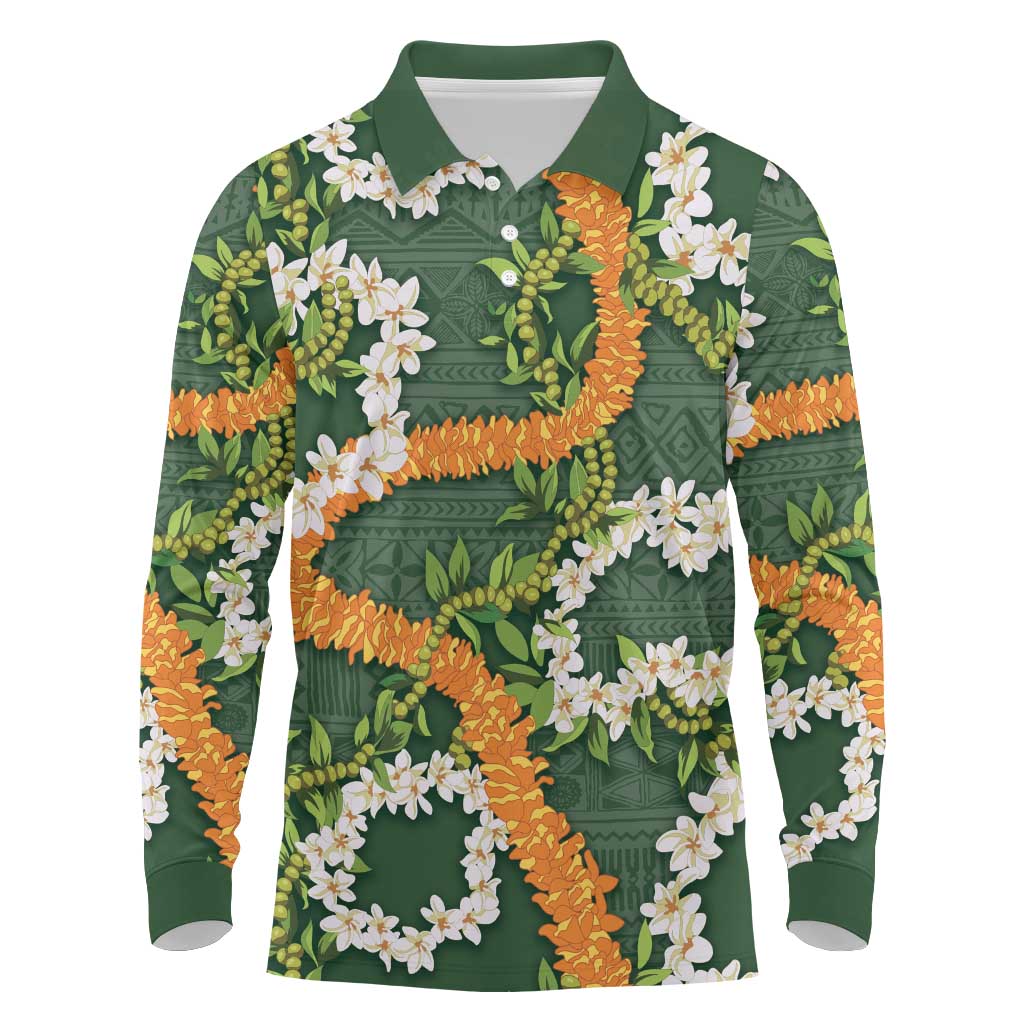 Aloha Festive Hawaii Long Sleeve Polo Shirt Mokihana - Maile and Ilima on Forest Green - Polynesian Pride