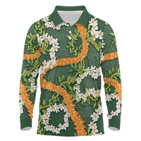 Aloha Festive Hawaii Long Sleeve Polo Shirt Mokihana - Maile and Ilima on Forest Green - Polynesian Pride
