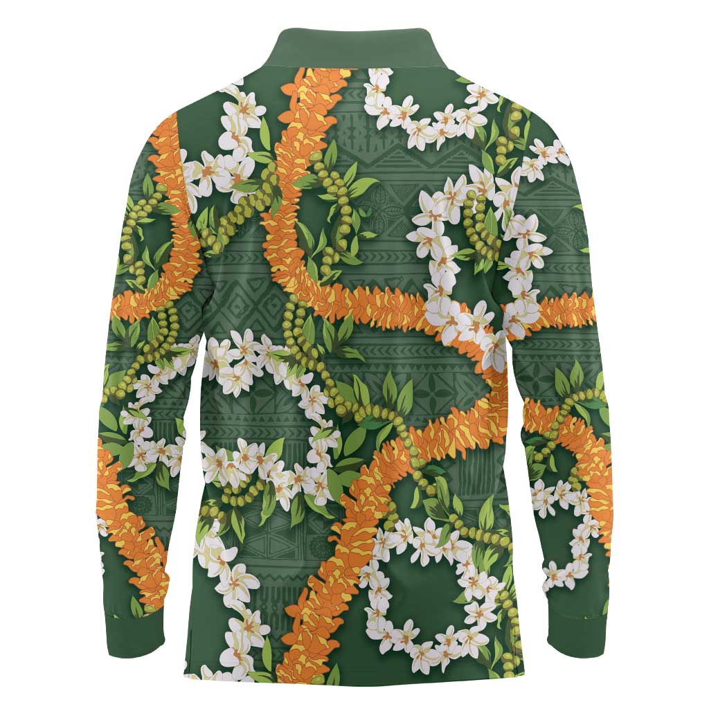 Aloha Festive Hawaii Long Sleeve Polo Shirt Mokihana - Maile and Ilima on Forest Green - Polynesian Pride
