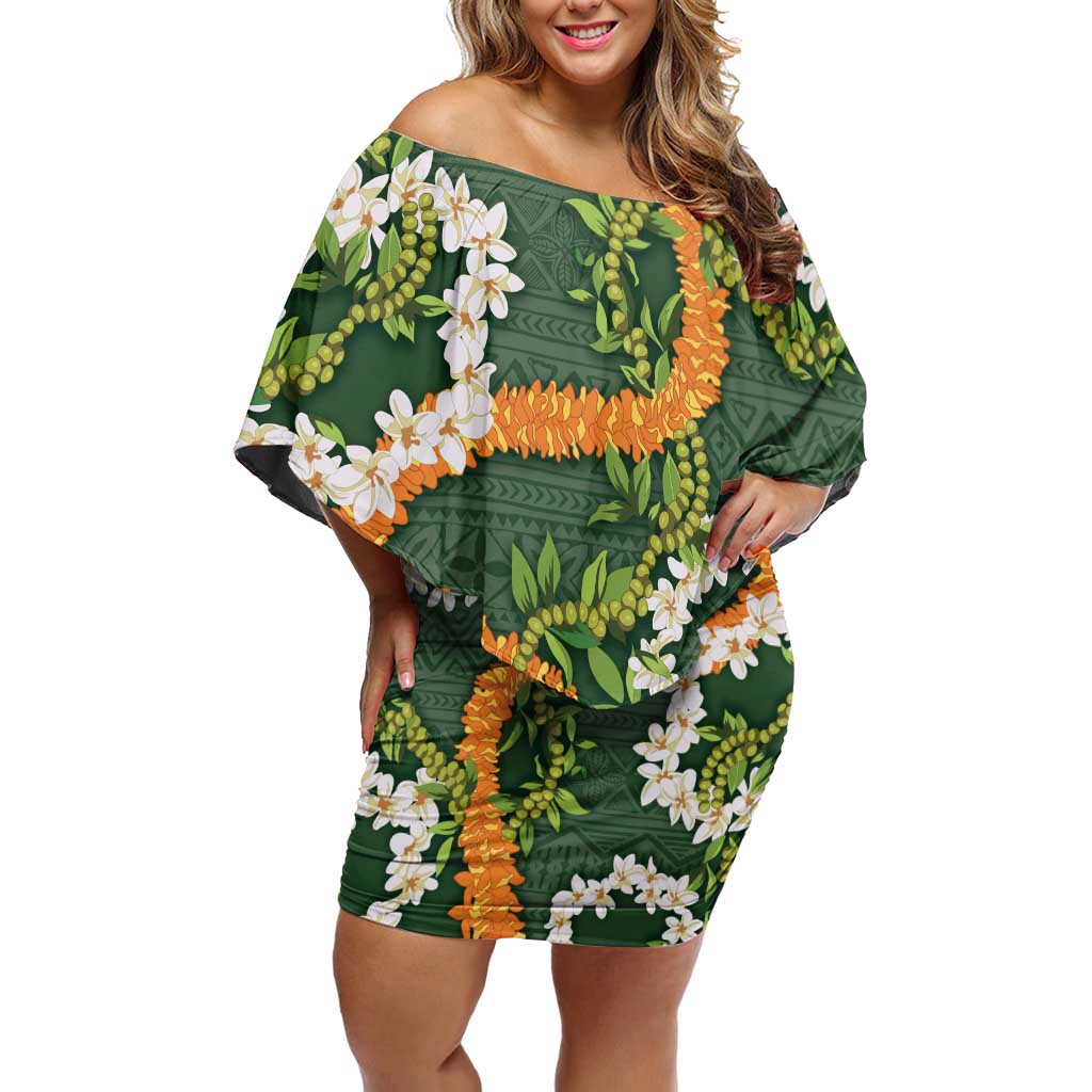 Aloha Festive Hawaii Off Shoulder Short Dress Mokihana - Maile and Ilima on Forest Green - Polynesian Pride