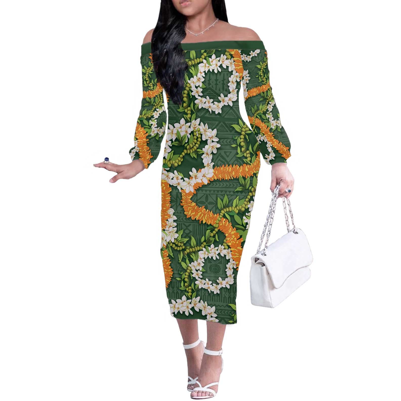 Aloha Festive Hawaii Off The Shoulder Long Sleeve Dress Mokihana - Maile and Ilima on Forest Green - Polynesian Pride