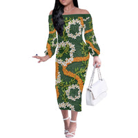 Aloha Festive Hawaii Off The Shoulder Long Sleeve Dress Mokihana - Maile and Ilima on Forest Green - Polynesian Pride