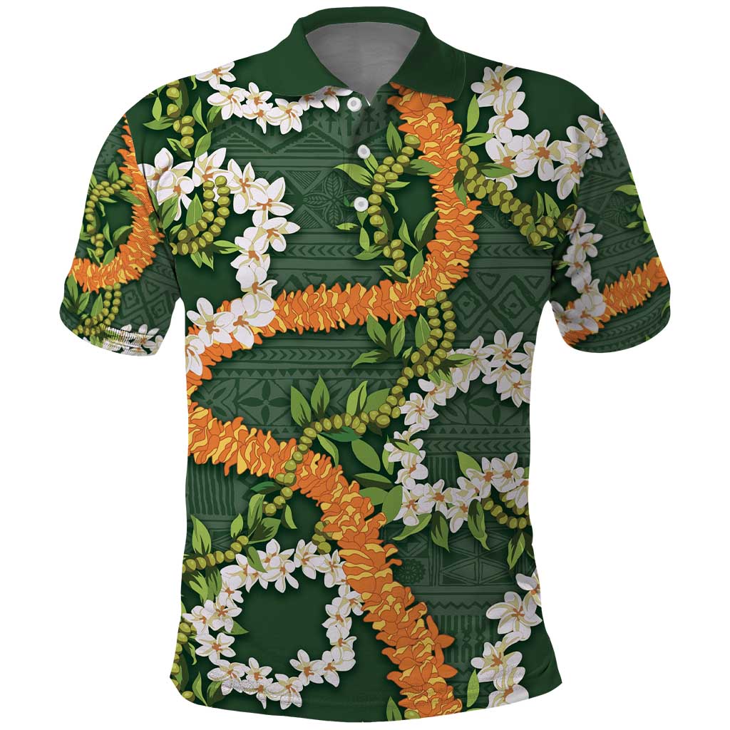 Aloha Festive Hawaii Polo Shirt Mokihana - Maile and Ilima on Forest Green - Polynesian Pride