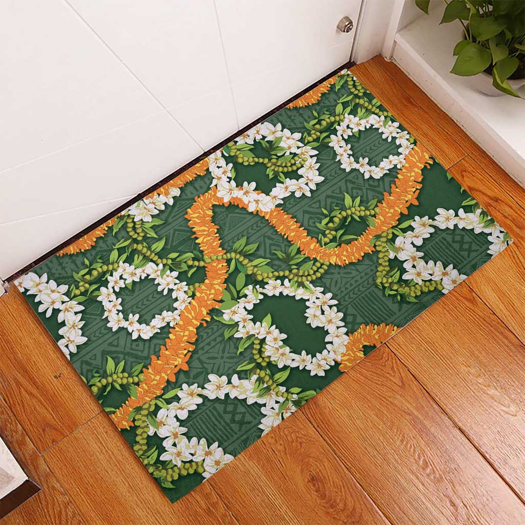 Aloha Festive Hawaii Rubber Doormat Mokihana - Maile and Ilima on Forest Green - Polynesian Pride
