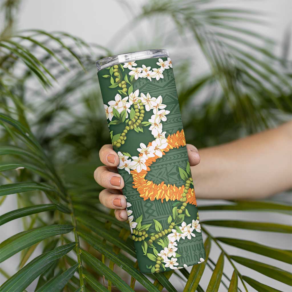 Aloha Festive Hawaii Skinny Tumbler Mokihana - Maile and Ilima on Forest Green - Polynesian Pride
