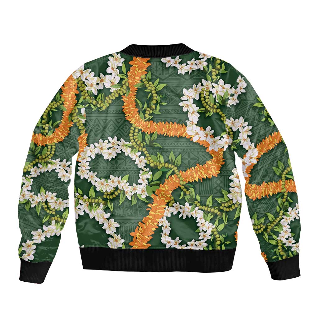 Aloha Festive Hawaii Sleeve Zip Bomber Jacket Mokihana - Maile and Ilima on Forest Green - Polynesian Pride