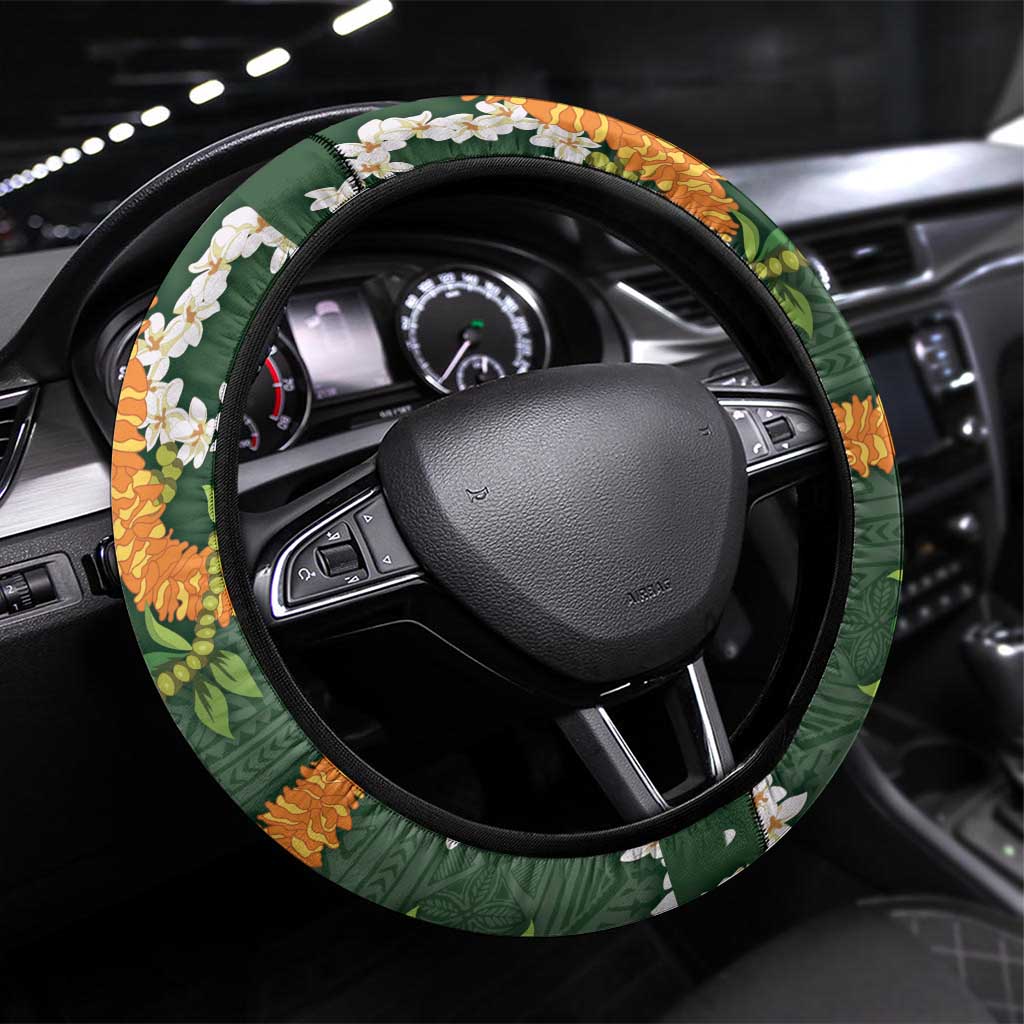 Aloha Festive Hawaii Steering Wheel Cover Mokihana - Maile and Ilima on Forest Green - Polynesian Pride