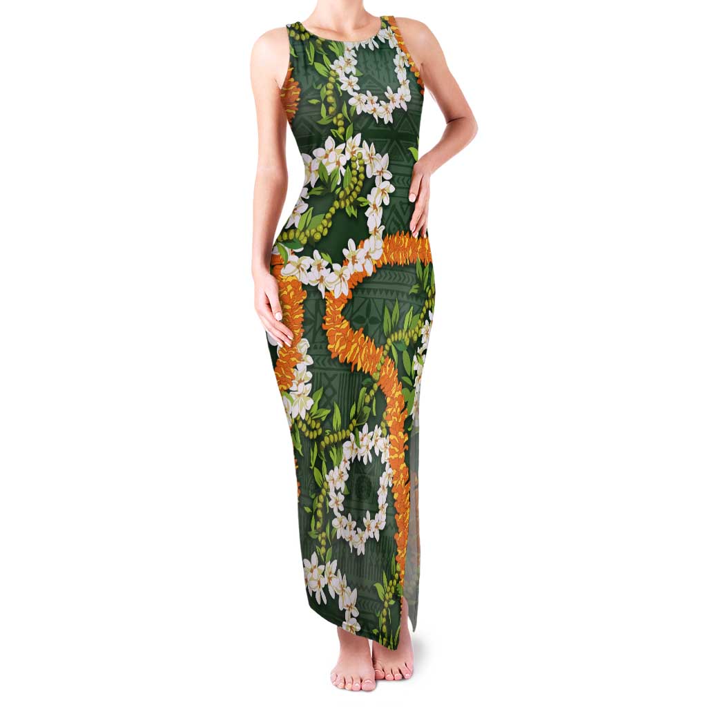 Aloha Festive Hawaii Tank Maxi Dress Mokihana - Maile and Ilima on Forest Green - Polynesian Pride