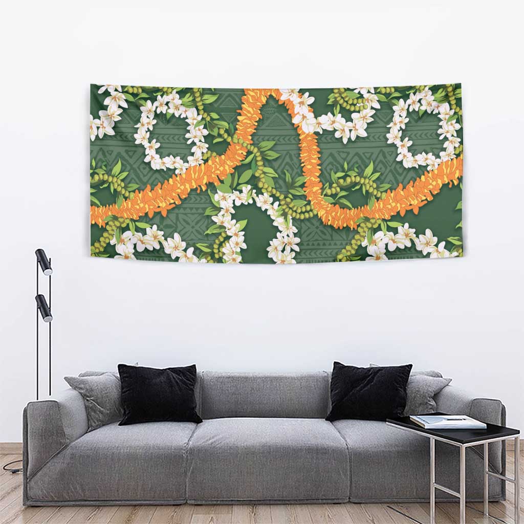 Aloha Festive Hawaii Tapestry Mokihana - Maile and Ilima on Forest Green - Polynesian Pride