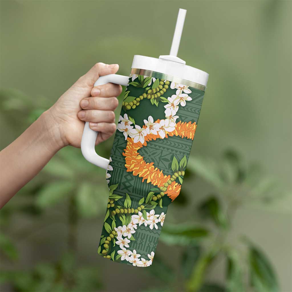 Aloha Festive Hawaii Tumbler With Handle Mokihana - Maile and Ilima on Forest Green - Polynesian Pride