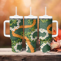 Aloha Festive Hawaii Tumbler With Handle Mokihana - Maile and Ilima on Forest Green - Polynesian Pride