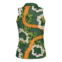 Aloha Festive Hawaii Women Sleeveless Polo Shirt Mokihana - Maile and Ilima on Forest Green - Polynesian Pride