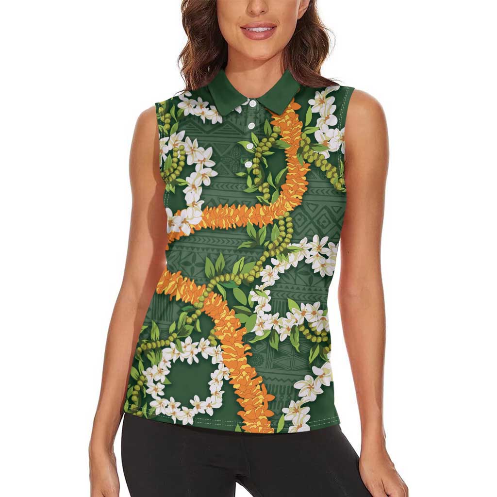 Aloha Festive Hawaii Women Sleeveless Polo Shirt Mokihana - Maile and Ilima on Forest Green - Polynesian Pride