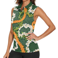 Aloha Festive Hawaii Women Sleeveless Polo Shirt Mokihana - Maile and Ilima on Forest Green - Polynesian Pride