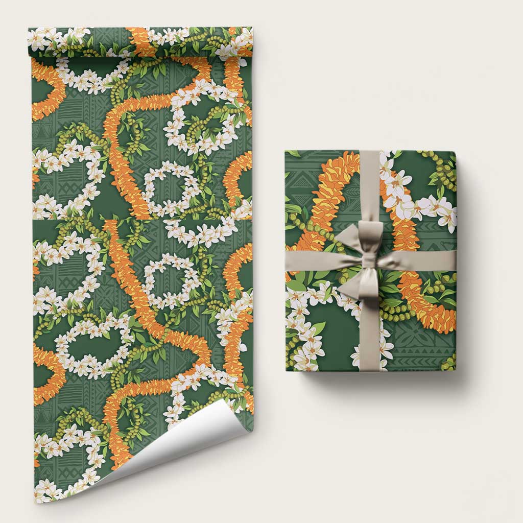 Aloha Festive Hawaii Wrapping Paper Mokihana - Maile and Ilima on Forest Green LT7 58" × 23" Forest Green - Polynesian Pride