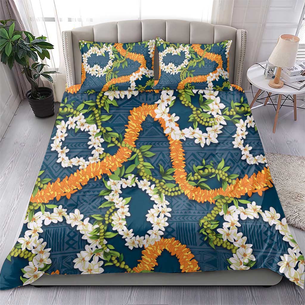 Aloha Festive Hawaii Bedding Set Mokihana - Maile and Ilima on Navy Blue - Polynesian Pride