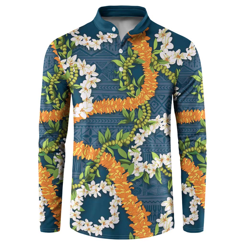 Aloha Festive Hawaii Button Sweatshirt Mokihana - Maile and Ilima on Navy Blue - Polynesian Pride