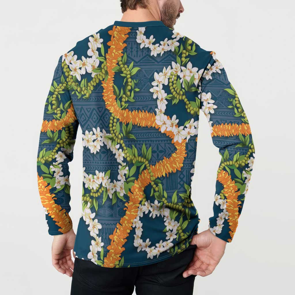 Aloha Festive Hawaii Button Sweatshirt Mokihana - Maile and Ilima on Navy Blue - Polynesian Pride