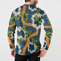 Aloha Festive Hawaii Button Sweatshirt Mokihana - Maile and Ilima on Navy Blue - Polynesian Pride