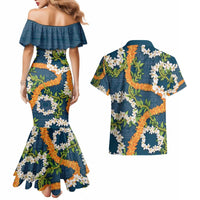 Aloha Festive Hawaii Couples Matching Mermaid Dress and Hawaiian Shirt Mokihana - Maile and Ilima on Navy Blue - Polynesian Pride