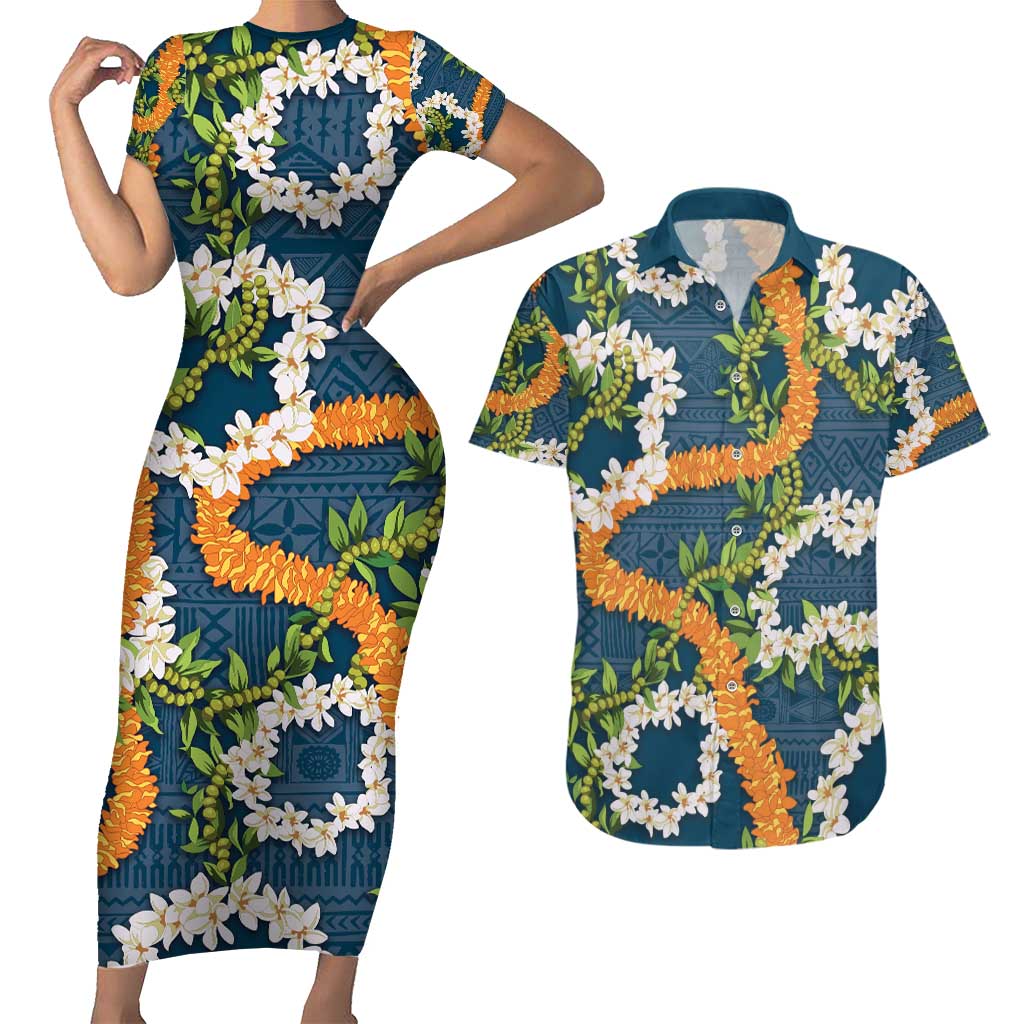 Aloha Festive Hawaii Couples Matching Short Sleeve Bodycon Dress and Hawaiian Shirt Mokihana - Maile and Ilima on Navy Blue - Polynesian Pride