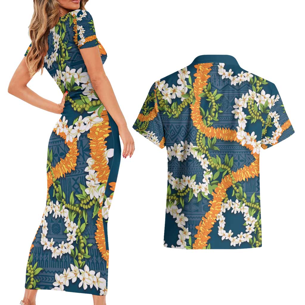 Aloha Festive Hawaii Couples Matching Short Sleeve Bodycon Dress and Hawaiian Shirt Mokihana - Maile and Ilima on Navy Blue - Polynesian Pride