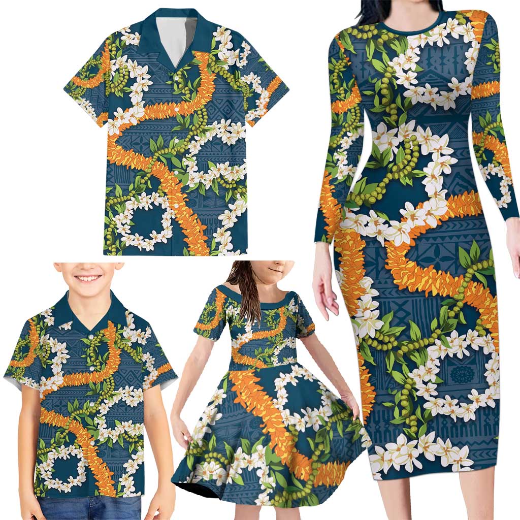 Aloha Festive Hawaii Family Matching Long Sleeve Bodycon Dress and Hawaiian Shirt Mokihana - Maile and Ilima on Navy Blue - Polynesian Pride