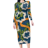 Aloha Festive Hawaii Family Matching Long Sleeve Bodycon Dress and Hawaiian Shirt Mokihana - Maile and Ilima on Navy Blue - Polynesian Pride