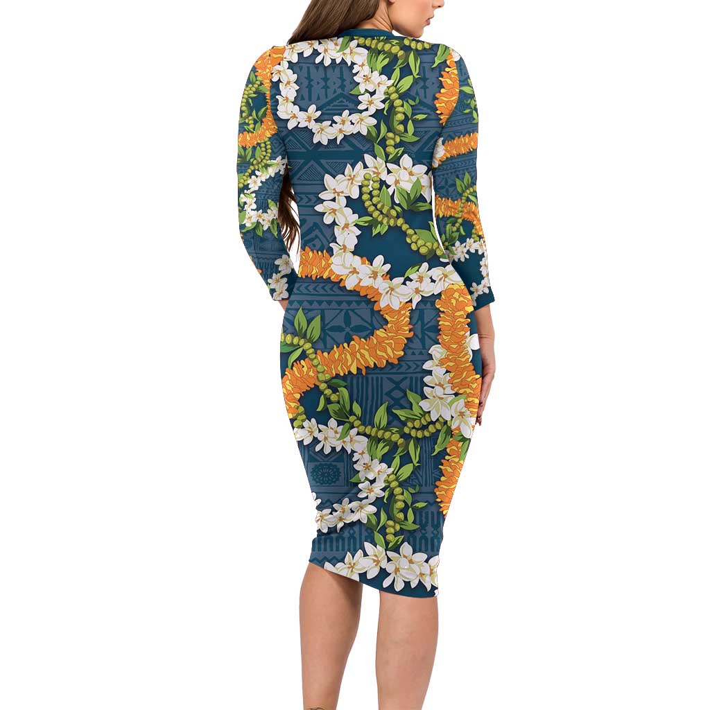 Aloha Festive Hawaii Family Matching Long Sleeve Bodycon Dress and Hawaiian Shirt Mokihana - Maile and Ilima on Navy Blue - Polynesian Pride