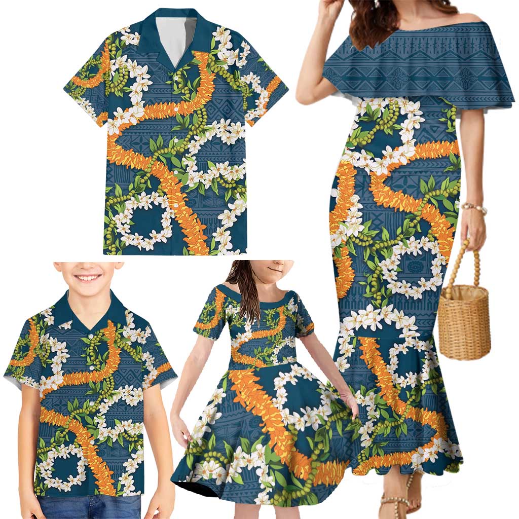 Aloha Festive Hawaii Family Matching Mermaid Dress and Hawaiian Shirt Mokihana - Maile and Ilima on Navy Blue - Polynesian Pride