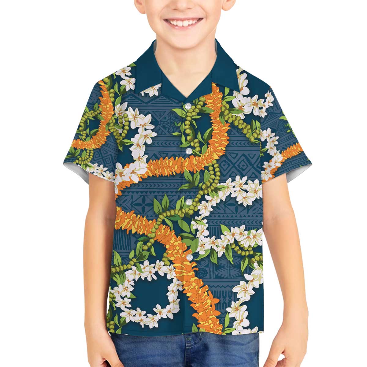 Aloha Festive Hawaii Family Matching Off The Shoulder Long Sleeve Dress and Hawaiian Shirt Mokihana - Maile and Ilima on Navy Blue - Polynesian Pride