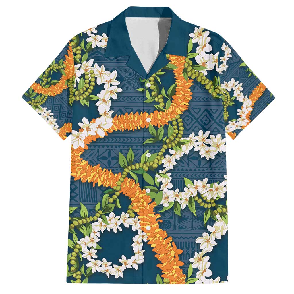 Aloha Festive Hawaii Family Matching Off Shoulder Maxi Dress and Hawaiian Shirt Mokihana - Maile and Ilima on Navy Blue - Polynesian Pride