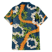 Aloha Festive Hawaii Family Matching Off Shoulder Maxi Dress and Hawaiian Shirt Mokihana - Maile and Ilima on Navy Blue - Polynesian Pride