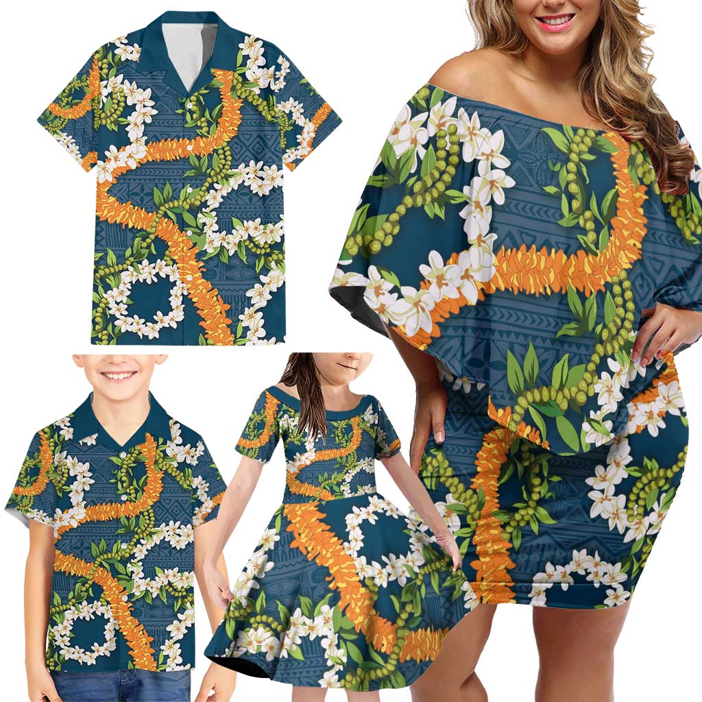 Aloha Festive Hawaii Family Matching Off Shoulder Short Dress and Hawaiian Shirt Mokihana - Maile and Ilima on Navy Blue - Polynesian Pride